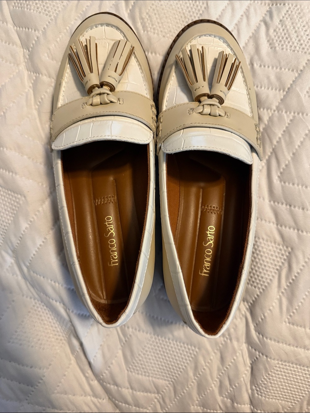 Franco Sarto Cream and Tan Tassel Loafers